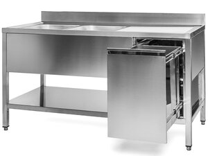 Edelstahl Sp�ltisch PREMIUM, 2 Becken links, Abfallbeh�lter rechts, Abtropffl�che, Grundboden, BTH 1400 x 600 x 850 mm