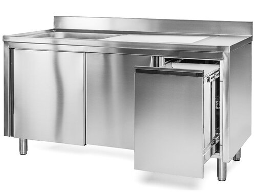 Edelstahl Sp�lschrank PREMIUM, 1 Becken links, Abfallbeh�lter rechts, Fl�gelt�r, BTH 1000 x 600 x 850 mm