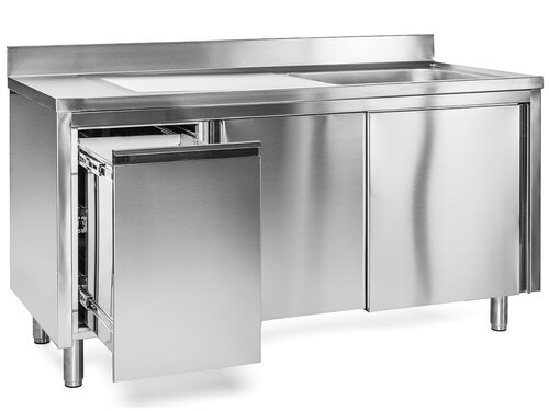 Edelstahl Sp�lschrank PREMIUM, 1 Becken rechts, Abfallbeh�lter links, Schiebet�ren, BTH 1600 x 700 x 850 mm