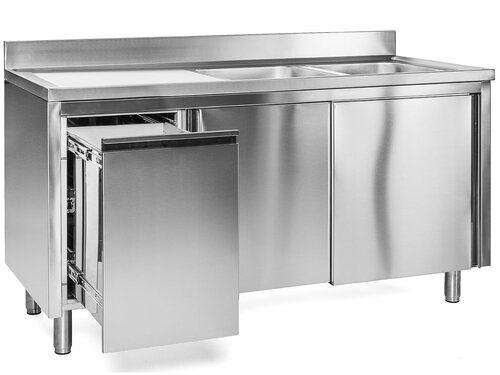 Edelstahl Sp�lschrank PREMIUM, 2 Becken rechts, Abfallbeh�lter links, Schiebet�ren, BTH 1400 x 600 x 850 mm