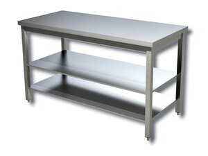 PREMIUM Arbeitstisch Edelstahl, 2 Grundboeden, verschweisst, ohne Aufkantung, BTH 800 x 600 x 850 mm