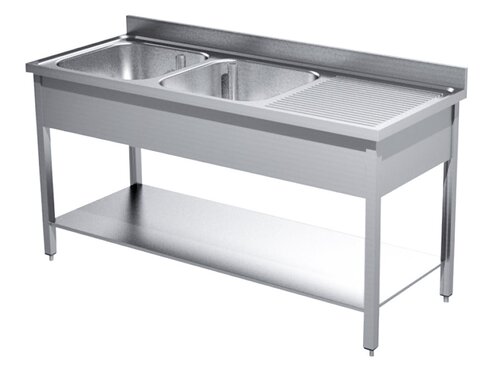 Edelstahl Sp�ltisch PREMIUM, 2 Becken links, Abtropffl�che, Grundboden, BTH 1400 x 700 x 850 mm