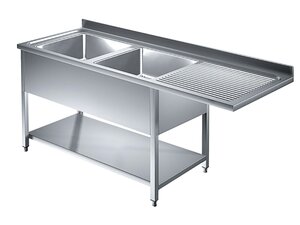 Edelstahl Sp�lzentrum PREMIUM, 2 Becken links, Abtropffl�che, Grundboden, BTH 1600 x 700 x 850 mm