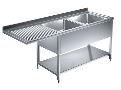 Edelstahl Sp�lzentrum PREMIUM, 2 Becken rechts, Abtropffl�che, Grundboden, BTH 2000 x 700 x 850 mm