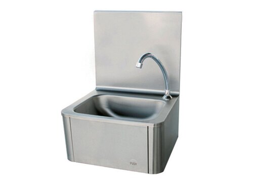 Edelstahl Handwaschbecken mit Kniebedienung und Aufkantung 40 mm, BTH 400 x 340 x 585 mm