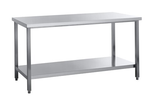 Arbeitstisch Edelstahl, mit Tischplatte und Grundboden, ohne Aufkantung, BTH 1600 x 700 x 850 mm