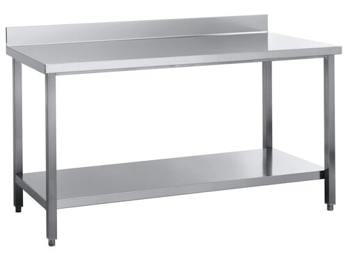 Arbeitstisch Edelstahl, mit Tischplatte und Grundboden, mit Aufkantung (100 mm), BTH 1200 x 600 x 850 mm