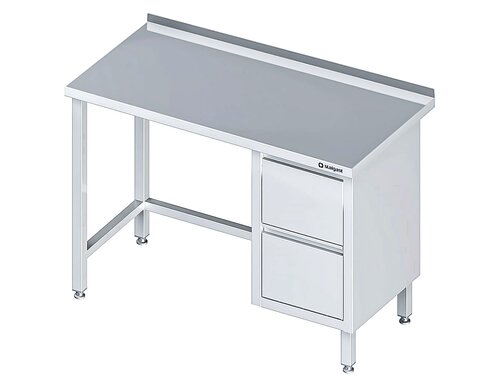 Arbeitstisch PROFI Edelstahl mit 2er Schubladenblock rechts, 2600 x 600 x 850 mm, verschwei�t, Aufkantung