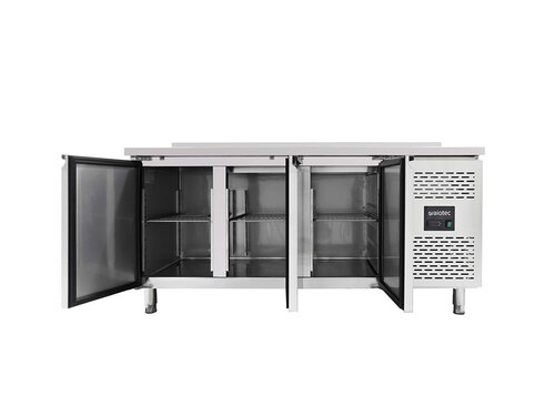 vaiotec Kühltisch BASIC mit 3 Türen, für GN1/1, mit Aufkantung, Umluftkühlung, 294 Liter, BTH 1795 x 700 x 850 mm