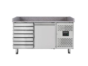 vaiotec EASYLINE 800 Pizzatisch mit 1 Tür und 7 Schubladen, graue Granitarbeitsfläche, Umluftkühlung, BTH 1510 x 800 x 1000 mm