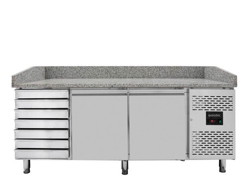 Pizzakühltisch BASIC mit 2 Türen und 7 ungekühlte Schubladen, Granitarbeitsfläche, BTH 2020 x 800 x 1000 mm