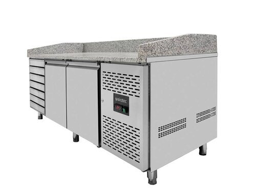 vaiotec EASYLINE 800 Pizzatisch mit 2 Türen und 7 Schubladen, graue Granitarbeitsfläche, Umluftkühlung, BTH 2020 x 800 x 1000 mm