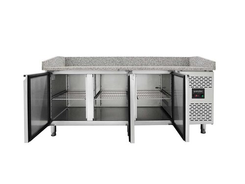 vaiotec EASYLINE 800 Pizzatisch mit 3 Türen, graue Granitarbeitsfläche, Umluftkühlung, BTH 2020 x 800 x 1000 mm