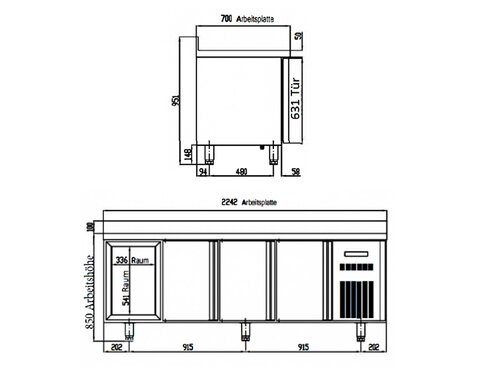 vaiotec TOPLINE 700 K�hltisch, 4 T�ren f�r GN 1/1, 548 Liter, mit Aufkantung, BTH 2245 x 700 x 850 mm