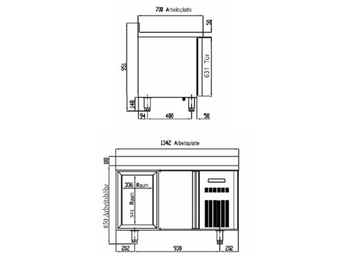 vaiotec TOPLINE 700 Kühltisch, 4 Schubladen für GN 1/1, 258 Liter, mit Umluftkühlung und Aufkantung, BTH 1345 x 700 x 850 mm