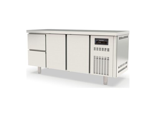 Kühltisch PROFI aus Edelstahl, Inhalt 410 Liter, 2 Schubladen 2 Türen, GN 1/1, mit Umluftkühlung, BTH 1795 x 700 x 850 mm