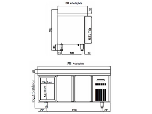 vaiotec TOPLINE 700 Kühltisch, 6 Schubladen für GN 1/1, 403 Liter, mit Umluftkühlung und Aufkantung, BTH 1795 x 700 x 850 mm