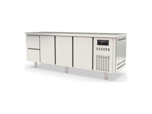 Kühltisch PROFI aus Edelstahl, Inhalt 548 Liter, 2 Schubladen 3 Türen, GN 1/1, mit Umluftkühlung, BTH 2245 x 700 x 850 mm