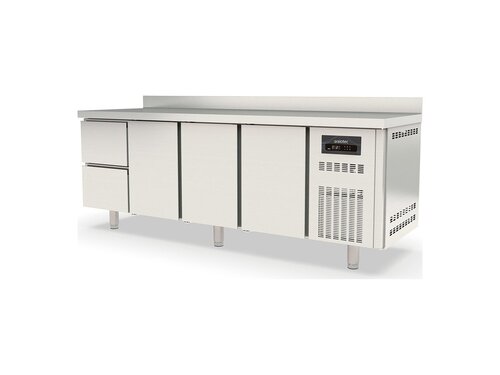 Kühltisch PROFI aus Edelstahl, Inhalt 548 Liter, 2 Schubladen 3 Türen, GN 1/1, mit Aufkantung, BTH 2245 x 700 x 850 mm