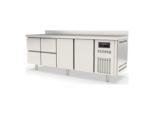 Kühltisch PROFI aus Edelstahl, Inhalt 548 Liter, 4 Schubladen 2 Türen, GN 1/1, mit Aufkantung, BTH 2245 x 700 x 850 mm