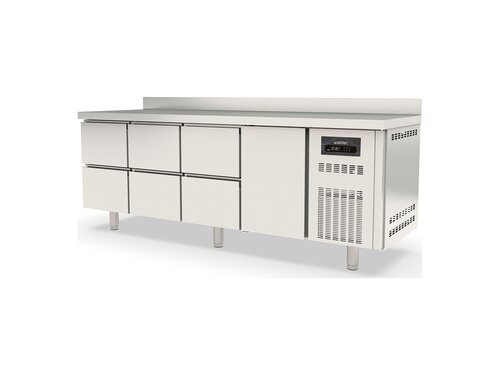 Kühltisch PROFI aus Edelstahl, Inhalt 548 Liter, 6 Schubladen 1 Tür, GN 1/1, mit Aufkantung, BTH 2245 x 700 x 850 mm
