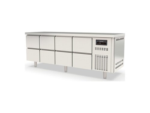 Kühltisch PROFI aus Edelstahl, Inhalt 548 Liter, 8 Schubladen, GN 1/1, mit Umluftkühlung, BTH 2245 x 700 x 850 mm