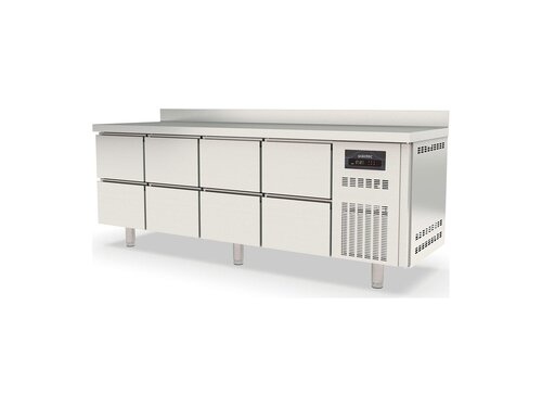 Kühltisch PROFI aus Edelstahl, Inhalt 548 Liter, 8 Schubladen, GN 1/1, mit Aufkantung, BTH 2245 x 700 x 850 mm