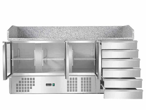 Pizzakühltisch BASIC mit 3 Türen, 6 Schubladen, 400 Liter, Granitarbeitsfläche, BTH 1885 x 700 x1060 mm