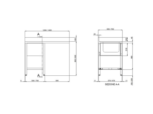 vaiotec TOPLINE 700 Sp�lzentrum, 1 Becken links, Grundboden, BTH 1400 x 700 x 850 mm