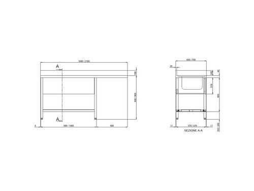 vaiotec TOPLINE 700 Sp�lzentrum, 2 Becken links, Grundboden, BTH 2000 x 700 x 850 mm