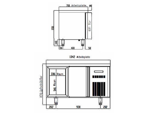 vaiotec TOPLINE 700 Tiefk�hltisch, 2 T�ren f�r GN 1/1, 265 Liter, mit Aufkantung, BTH 1345 x 700 x 900 mm