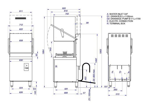 vaiotec EASYLINE Haubensp�lmaschine inkl. Klarsp�lmitteldosier-, Reinigerdosier- und Ablaufpumpe, 400 V, BTH 630x750x1482 mm