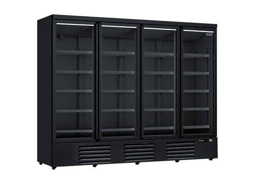 Glast�rk�hlschrank auf Rollen, mit 4 T�ren, Inhalt 2025 Liter, Schwarz, BTH 2508 x 710 x 1997 mm