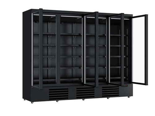 Glast�rk�hlschrank auf Rollen, mit 4 T�ren, Inhalt 2025 Liter, Schwarz, BTH 2508 x 710 x 1997 mm