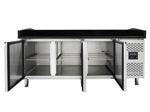 vaiotec EASYLINE 800 Pizzatisch mit 3 Türen, schwarze Granitarbeitsfläche, Umluftkühlung, BTH 2020 x 800 x 1000 mm
