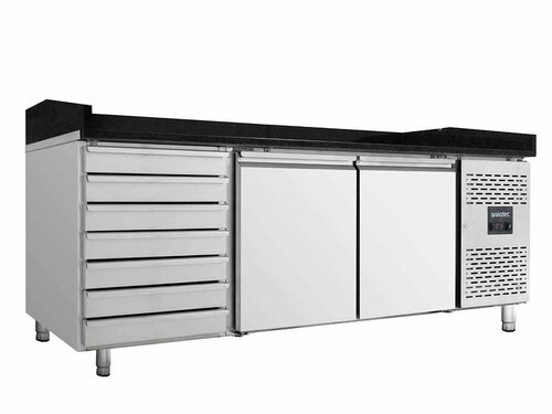 vaiotec EASYLINE 800 Pizzatisch mit 2 Türen und 7 Schubladen, schwarze Granitarbeitsfläche, Umluftkühlung, BTH 2020 x 800 x 1000 mm