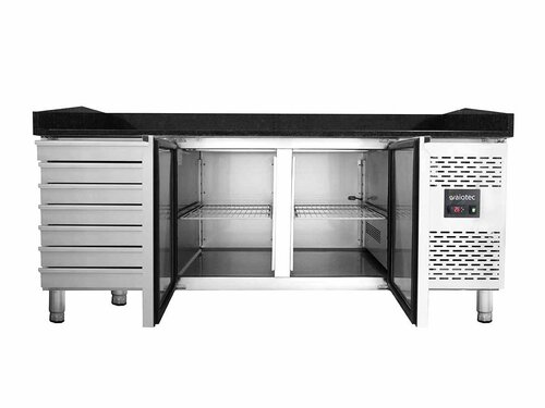vaiotec EASYLINE 800 Pizzatisch mit 2 Türen und 7 Schubladen, schwarze Granitarbeitsfläche, Umluftkühlung, BTH 2020 x 800 x 1000 mm