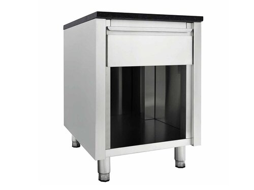 vaiotec EASYLINE 800 Kassentisch, Granitarbeitsplatte schwarz, Edelstahl, BTH 600 x 820 x 850 mm