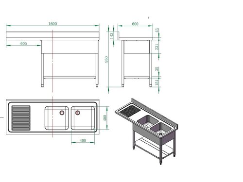 vaiotec EASYLINE 600 Sp�lzentrum, 2 Becken rechts, Grundboden, BTH 1600 x 600 x 850 mm