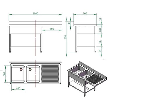 vaiotec EASYLINE 700 Sp�lzentrum, 2 Becken links, Grundboden, BTH 1600 x 700 x 850 mm