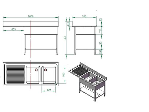 vaiotec EASYLINE 700 Sp�lzentrum 2 Becken rechts, Grundboden, BTH 1600 x 700 x 850 mm