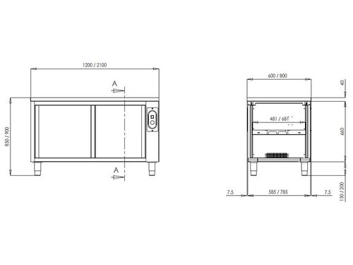 vaiotec TOPLINE 700 W�rmeschrank, Schiebet�ren, ohne Aufkantung, BTH 1200 x 700 x 850 mm