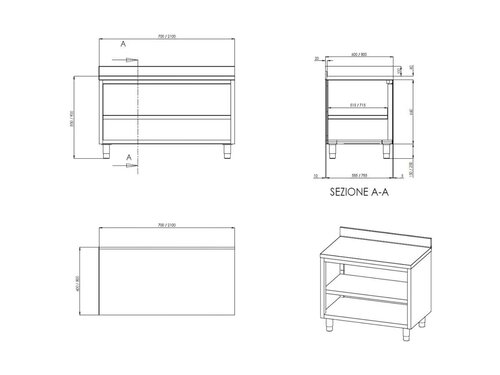 vaiotec TOPLINE 600 Arbeitsschrank, offen, Aufkantung, BTH 700 x 600 x 850 mm
