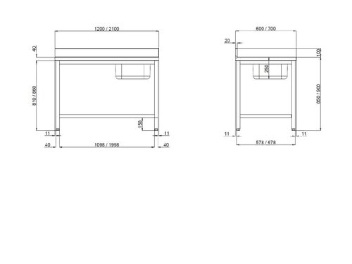 vaiotec TOPLINE 600 Cheftisch, Becken links, Grundboden, mit Aufkantung, BTH 1200 x 600 x 850 mm