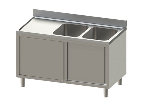 vaiotec TOPLINE 600 Sp�lschrank, 2 Becken rechts, Abtropffl�che, Schiebet�ren, BTH 1400 x 600 x 850 mm