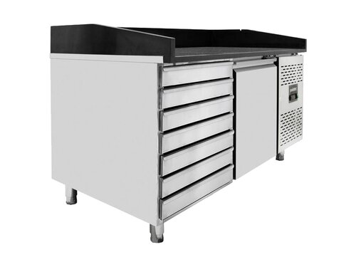 vaiotec EASYLINE Pizzatisch 800 mit 1 T�r & 7 Schubladen, schwarze Granitarbeitsfl�che, inkl. K�hlaufsatz f�r 7x GN1/4, 175 Liter, BTH 1510 x 800 x 1435 mm