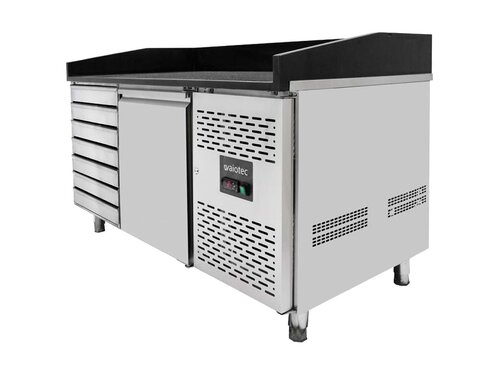 vaiotec EASYLINE Pizzatisch 800 mit 1 T�r & 7 Schubladen, schwarze Granitarbeitsfl�che, inkl. K�hlaufsatz f�r 7x GN1/4, 175 Liter, BTH 1510 x 800 x 1435 mm