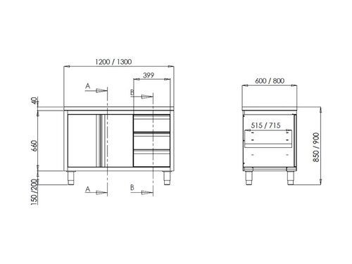 vaiotec TOPLINE 600 Arbeitsschrank, Fl�gelt�ren, Schubladen links, BTH 1200 x 600 x 850 mm