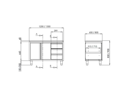 vaiotec TOPLINE 600 Arbeitsschrank, Schiebet�ren, Schubladen links, BTH 2000 x 600 x 850 mm