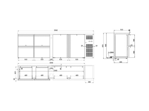 Combisteel Bark�hltisch Standard Line, 2 T�ren, 4 Schubladen, 698 Liter, Schwarz, BTH 2542 x 513 x 860 mm